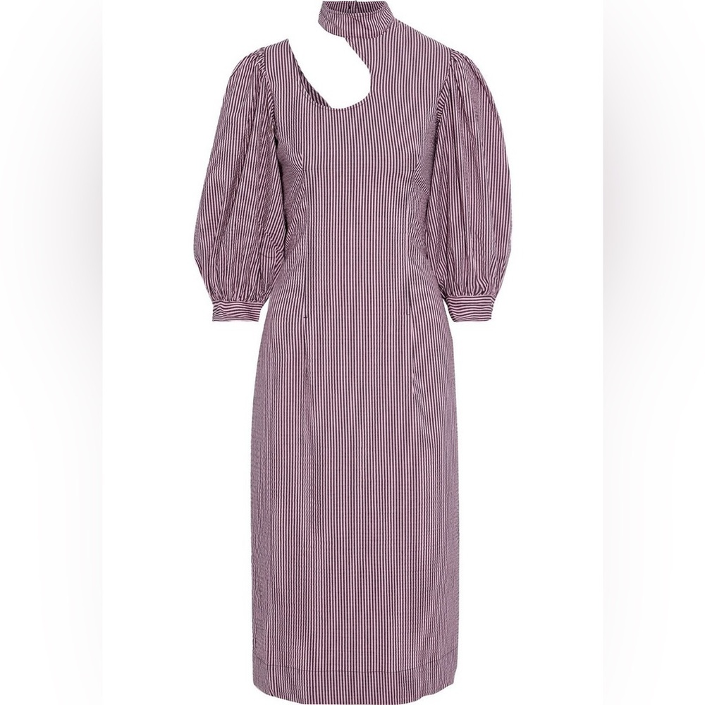 Ganni striped seekersucker high neck dress with cut out